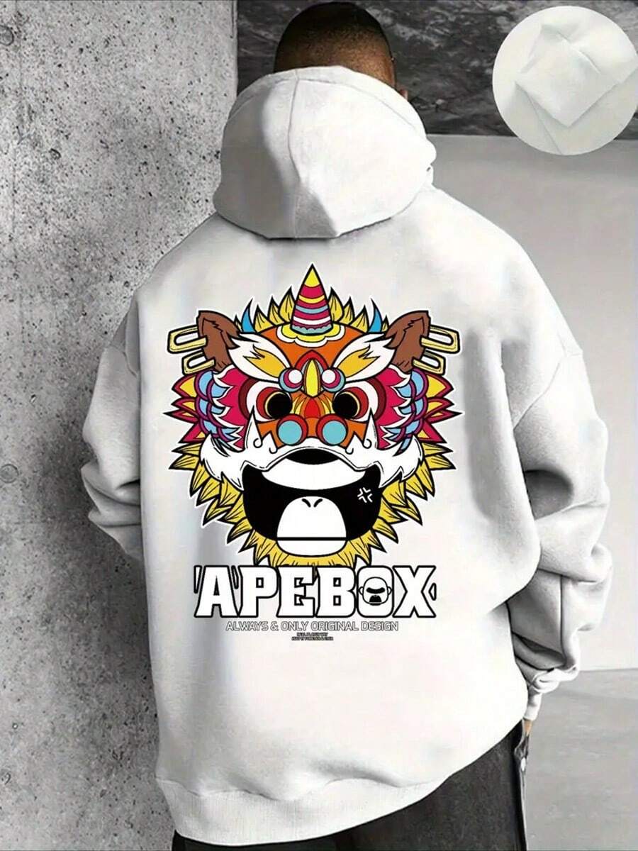 Men's Lion Dance Graphic Hooded Sweatshirt - Loose Fit Streetwear Pullover With Pockets, Beige & Multicolor Cultural Print, Machine Washable Casual Winter Sweater For Festivals & Casual Attire,Fall Hoodies,Men's Fall Clothes,Street Wear,Halloween,Mens Hoodies,Y2k Clothes,Jesus Hoodie,Thanksgiving Day,Nightmare Before Christmas,Christmas - trắng - Xem 1