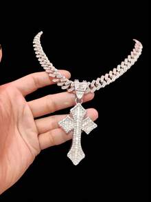 1pc Fashion Creative Cross Shaped Pendant With 13mm Miami Cuban Chain, Men's Hip Hop Rock Street Style Cross Pendant Necklace, Punk Necklace Suitable For Daily Wear Or Party, Valentine's Day Gift, 2 Chain Options - Silver - View 3