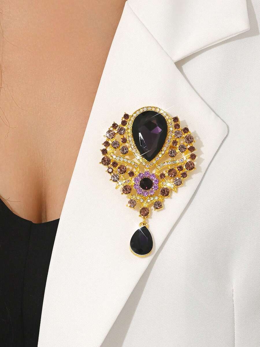 1pc Retro Crystal Teardrop Brooch, Exaggerated Random Rhinestone Brooch Pin, Fashion Jewelry Accessory - Multicolor - View 1