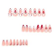 Sweet Strawberry Pink Wearable Short Almond Nails French Pearl Bow Nail Art False Nails - JP3740 - 查看 3