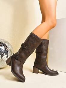 Women's Fashion Boots, High Heel Chunky Heel Boots, Solid Color Western Style Buckle Rivet Decor Women's Mid-Calf Boots, Sexy Pointed Toe, Suitable For Holidays