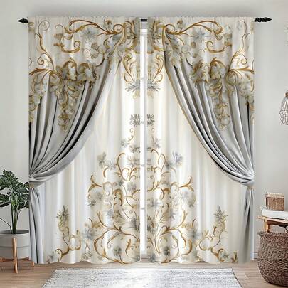 2 pièces Rideaux à motif de fausse fenêtre de style européen doré, textile d'ameublement, décoration de fenêtre, rideaux imprimés numériques avec passants, en polyester, convient pour le salon, la cuisine, la chambre, le bureau, la salle à manger, la décoration d'intérieur