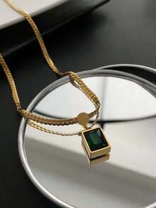 1 buc colier cu pandantiv din oțel inoxidabil cu smarald, pandantiv vintage cu zirconiu cubic cu smarald pe colier cubanez, colier elegant și versatil potrivit pentru fete și femei