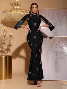 新款性感圆领披肩袖露背镂空热钻绷带长款黑色连衣裙，适合女士婚礼、派对、正式晚宴等场合。 - 黑色 - 查看 1