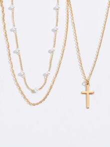Golden Layered Pearl Cross Necklace Exquisite Artificial Multi Layer Womens Jewelry Holiday Gift Daily Fashion Necklaces