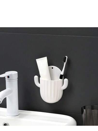 1个免钻孔塑料浴室收纳架，仙人掌造型，可放置牙刷、化妆刷、浴室配件