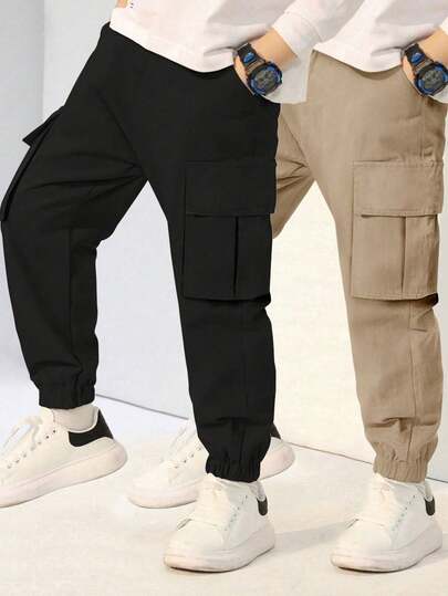 2pcs/Set Young Boy Fashionable Casual Multi-Pocket Cargo Pants, Versatile For Daily Wear