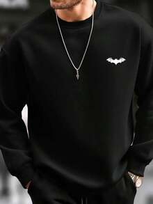 Men's Evil Bat Halloween Graphic Print Sweatshirt - Streetwear Style Regular Fit Stretch Fabric, Round Neck Casual Pullover For Spring & Autumn Comfort, Halloween Clothes,Fall Hoodies,Men's Fall Clothes,Street Wear,Halloween,Mens Hoodies,Y2k Clothes,Jesus Hoodie,Thanksgiving Day,Nightmare Before Christmas,Christmas - 黑色 - 查看 1