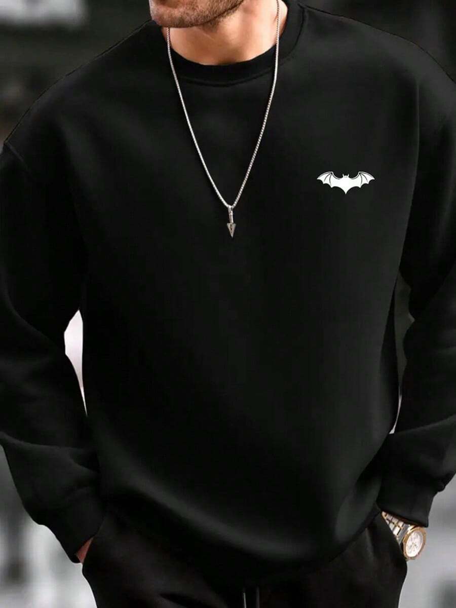 Men's Evil Bat Halloween Graphic Print Sweatshirt - Streetwear Style Regular Fit Stretch Fabric, Round Neck Casual Pullover For Spring & Autumn Comfort, Halloween Clothes,Fall Hoodies,Men's Fall Clothes,Street Wear,Halloween,Mens Hoodies,Y2k Clothes,Jesus Hoodie,Thanksgiving Day,Nightmare Before Christmas,Christmas - 黑色 - 查看 1