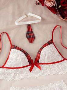 2pcs Women New Sexy Lingerie Cosplay School Girl Cute Bow Red Plaid Skirt Sexy Underwear,Halter Plaid Skirt Set, Costume,Christmas Lingerie - 紅白色 - 查看 8
