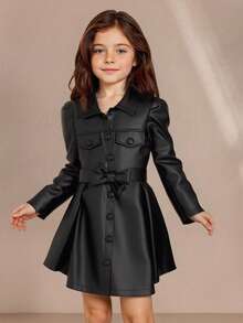 SHEIN 年轻女孩休闲时尚长袖单排扣皮夹克 - 黑色 - 查看 5