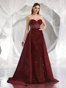 Romantica 女士派对礼服，亮片无肩带透视撞色美人鱼长裙，配缎面披肩，优雅晚礼服，适合春季婚礼穿着。 - 酒紅色 - 查看 6