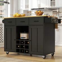 Dining Cart, Kitchen Cart, Removable Dining Cart With Worktop, Towel Rail And Spice Rack, Adjustable Dividers, Buffet Cabinet, Kitchen Cabinets, Tabletop With Wood Grain, Black - 1 - View 3