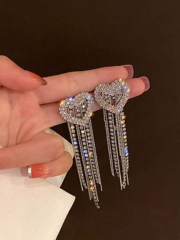 1 Pair Rhinestone Heart Tassel Elegant Fashion Long Earrings