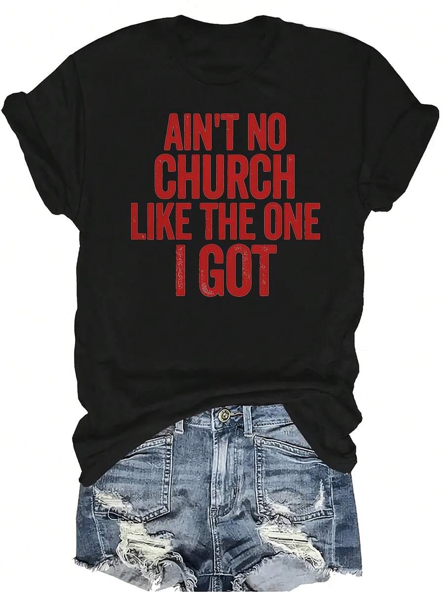 [Camiseta de moda casual] Camiseta de mujer suave y cómoda - Camiseta de cuello redondo de manga corta con diseño único de orgullo de la iglesia, regalo perfecto para la abuela y la mamá, uso casual de primavera y verano - Negro - Ver 1
