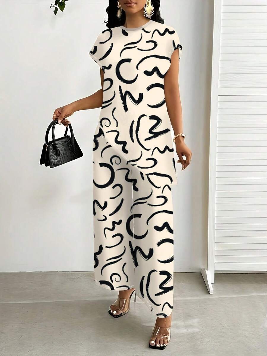 Plus Size Summer And Autumn Women's Fashion Ready-To-Wear, Plus Size Sets, Casual Elegant Short-Sleeved Tops & Loose Straight Leg Trousers Women's Outfit Two-Piece Set - 米色 - 查看 1