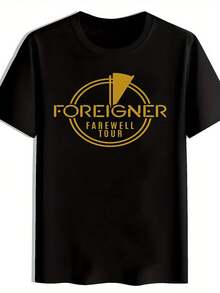 Camiseta gráfica vintage de banda de rock para hombres - Diseño "FOREIGNER FAREWELL TOUR", camiseta de poliéster negra de cuello redondo y manga corta, top casual de verano para fanáticos de la música, ideal para viajes y salidas a la playa, ropa para fanáticos de la música| Diseño de rock vintage| Camiseta de banda de rock de tela duradera - Negro - Ver 2