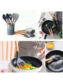 Silicone Kitchen Set Spoons Spatula 12 Pieces Wood Decoration - verde - Ver 11