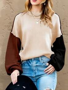 Suéter de cuello redondo con color contrastante para mujer talla grande - Caqui - Ver 4