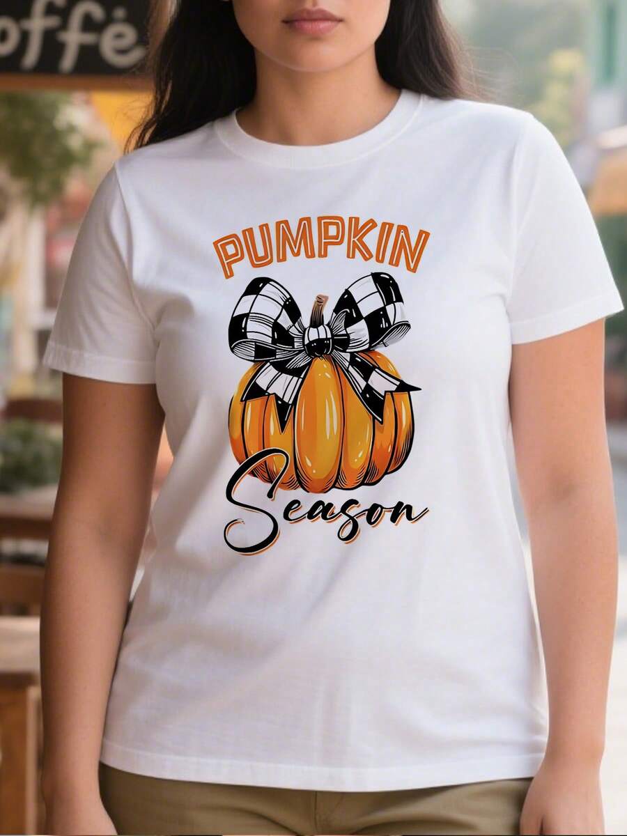 Camiseta casual para mujeres de 220g de algodón puro gruesa y cómoda con diseño de calabaza con moño de cuadros y texto Pumpkin Season de estilo vintage dulce - Blanco - Ver 1