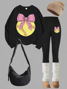 2pcs Set Girl Baseball Bow - Element Sweatshirt Set, Comfortable And Warm, Spring & Autumn School Activity & Personalized Style - Black - View 2