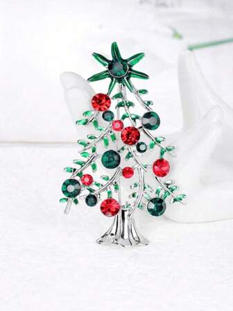 1pc Christmas Brooch, Full Crystal Inlaid Rhinestone Christmas Tree Brooch, Alloy Christmas Jewelry Accessory Costume Accessories Bag Charms Office Accessories
