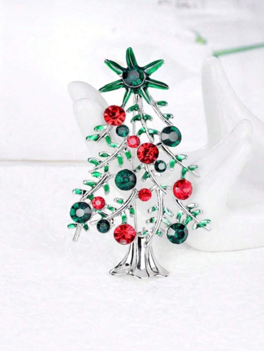 1pc Christmas Brooch, Full Crystal Inlaid Rhinestone Christmas Tree Brooch, Alloy Christmas Jewelry Accessory Costume Accessories Bag Charms Office Accessories