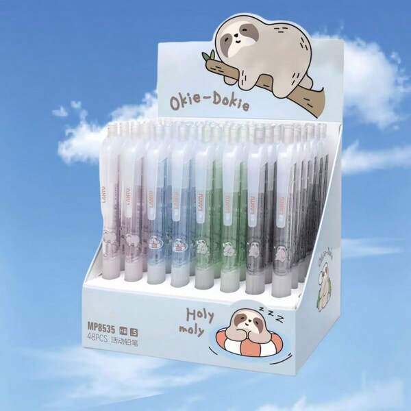 1pc/4pcs Automatic Pencil+Lead, Cute Sloth Automatic Pencil, Simple Transparent Design, Pencil, Equipped With Eraser, Children's Activity Pencil, Random Color. 20 Pen Refills Per Box. The Automatic Pencil Has Two Thicknesses Of Pen Cores, 0.5mm And 0.7mm, To Choose From