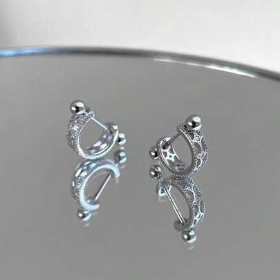 1pc 925 Silver Niche Design Temperament Starry Earrings, High-End Light Luxury Zirconia Retro Screw Earrings, Women's Fashion Jewelry