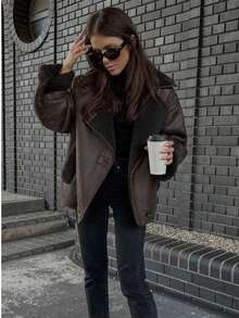 Women's Lapel Loose Casual Jacket, Pockets, Fashion Daily Wear Solid Color Double-Breasted Coat, Suitable For Autumn/Winter - Brown - View 4
