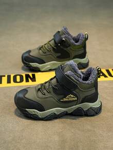 1 Pair Children's High-Top Warm Sports Shoes, Thermal-Lined Thick Warm Non-Slip Mid-Top Hiking Boots, Suitable For Children And Teenagers Outdoor Wear In Winter, Fashionable And Stylish For Boys - Green - View 3