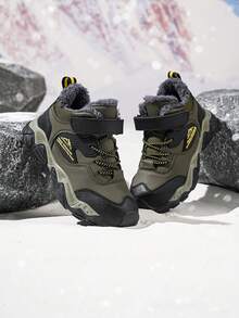 1 Pair Children's High-Top Warm Sports Shoes, Thermal-Lined Thick Warm Non-Slip Mid-Top Hiking Boots, Suitable For Children And Teenagers Outdoor Wear In Winter, Fashionable And Stylish For Boys - Green - View 5