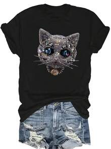 [Camiseta de Moda Casual] Camiseta de mujer suave y cómoda - Blusa de manga corta de cuello redondo con broche de gato brillante, regalo perfecto para la abuela y la mamá, uso casual de primavera y verano - Negro - Ver 1