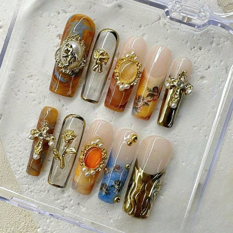 NailLuxe 10 PCS Handmade 2025 Press - On Nails | MythicGlam With Acrylic Angel & Pearl Embellishments - Cà phê nâu - Xem 1