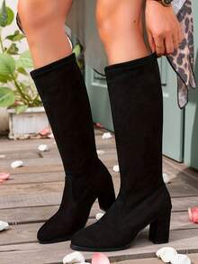 Botas altas de mujer de ante sintético negro, tacón grueso y macizo, forradas térmicamente, versátiles para uso diario, estilo europeo y americano, botas de invierno cálidas - Negro - Ver 3