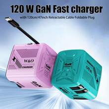 W&O Bộ sạc điện thoại 120W mới năm 2025, Bộ sạc nhanh GaN - Nâng cao trải nghiệm sạc của bạn một cách dễ dàng: Bộ sạc du lịch gấp gọn USB-C hiệu quả với 2 dây cáp, với 1 cổng Type C - Thích hợp để sạc nhiều thiết bị điện tử khác nhau, Cáp thu gọn 120cm/47 inch, Công suất đầu ra cao nhiều cổng cho gia đình, văn phòng - Xem 8