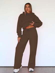 秋冬休闲纯色卫衣两件套，连帽口袋上衣搭配松紧腰抽绳直筒裤，两件套。套装 - 棕色 - 查看 5