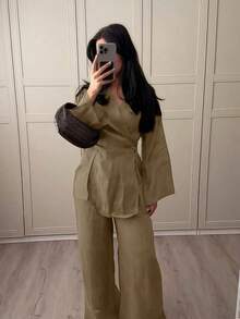 2 件女士优雅纯色系带衬衫 + 裤子休闲装，适合日常穿着、休闲装、度假装、邮轮装、海滩装、日光浴装、极简装 - 卡其色 - 查看 2