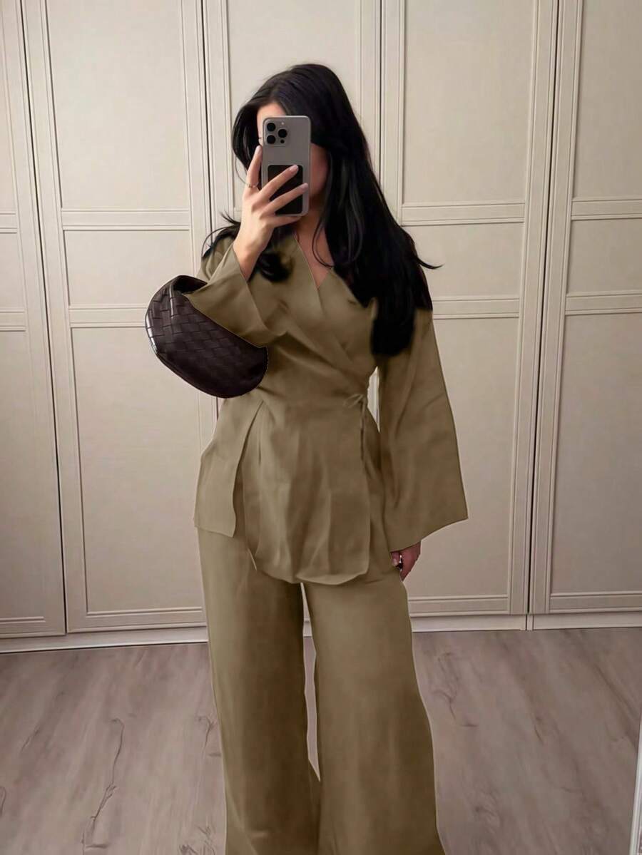 2 件女士优雅纯色系带衬衫 + 裤子休闲装，适合日常穿着、休闲装、度假装、邮轮装、海滩装、日光浴装、极简装