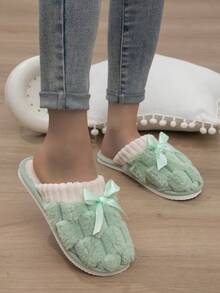 New Autumn/Winter Fluffy Thermal Slippers For Women, Bowknot Closed Toe Indoor Home Warm Slippers - Green - View 8