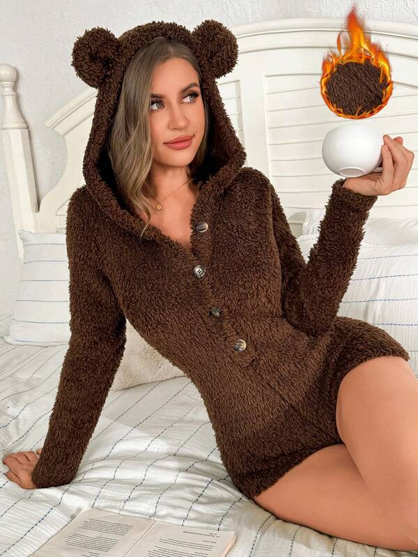 1pc Women's Thermal-Lined Jumpsuit Fluffy Pajamas, Brown Teddy Bear Flannel Fuzzy With Half-Open Front, Long Sleeve Hooded Jumpsuit With 3D Ear Design, Comfortable Sexy Elegant Casual Loungewear