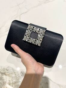 1pc Black Elegant Crystal Decor Small Clutch Bag, Open Top Magnetic Closure Metal Chain Strap, Fashion Classy Handbag Suitable For Evening Formal Occasions, Parties, Weddings, Gifts For Women