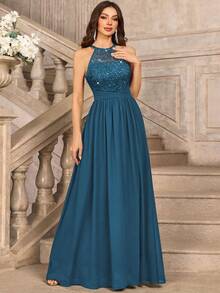 MIUSOL Đầm maxi dự tiệc trang trọng, hở lưng, xếp ly, chất liệu chiffon đính sequin và ren hoa, thích hợp cho khách dự đám cưới, lễ tốt nghiệp, tiệc chiêu đãi và các dịp khác, ngày lễ tình nhân mùa xuân. - Màu xanh bụi bặm - Xem 5