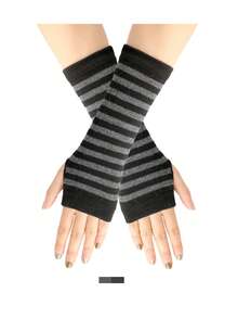 1 par de guantes sin dedos tejidos con calentadores de brazos a rayas, diseño con agujero para el pulgar, regalos para hombres y mujeres