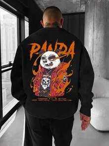 Men's Oversized Panda Graphic Hoodie - Japanese Anime-Inspired Streetwear Sweatshirt With Round Neck, Loose Fit Casual Pullover, Machine Washable For Casual Attire & Anime Conventions,Fall Hoodies,Men's Fall Clothes,Street Wear,Halloween,Mens Hoodies,Y2k Clothes,Jesus Hoodie,Thanksgiving Day,Nightmare Before Christmas,Christmas - 黑色 - 查看 1