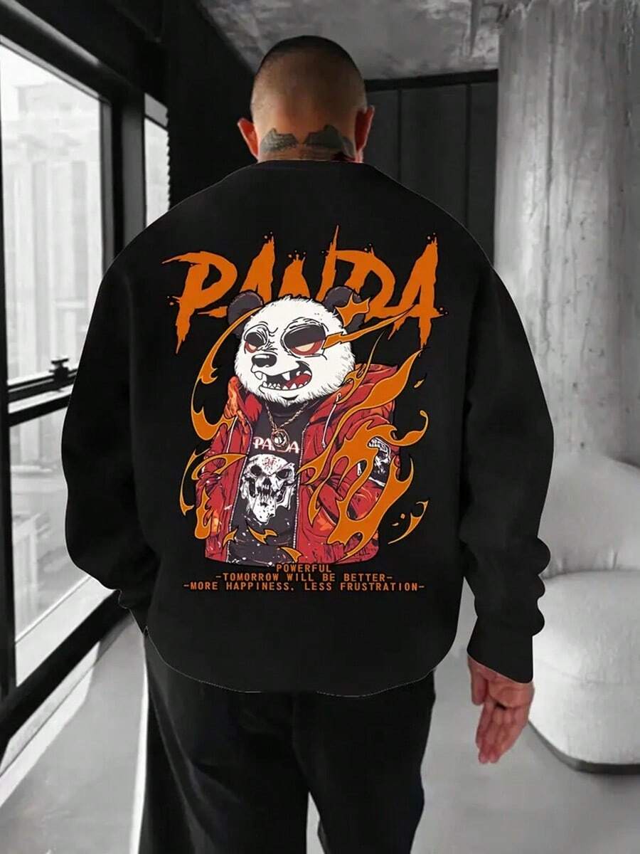 Men's Oversized Panda Graphic Hoodie - Japanese Anime-Inspired Streetwear Sweatshirt With Round Neck, Loose Fit Casual Pullover, Machine Washable For Casual Attire & Anime Conventions,Fall Hoodies,Men's Fall Clothes,Street Wear,Halloween,Mens Hoodies,Y2k Clothes,Jesus Hoodie,Thanksgiving Day,Nightmare Before Christmas,Christmas - 黑色 - 查看 1