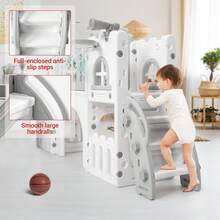 8 In 1 Toddler Slide Set, Tobogán Infantil 8 en 1 para Interior y Exterior – Juego para Niños 1-3 Años con Canasta de Baloncesto, Escalador, Túnel, Telescopio y Almacenamiento de Juguetes - Gris - Ver 3