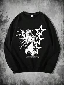 Men's Y2K Graffiti Star & Girl Graphic Print Sweatshirt - Black Geometric Pattern Loose Fit Casual Pullover, Round Neck Mid-Stretch Fabric For Autumn Winter Streetwear,Fall Hoodies,Men's Fall Clothes,Street Wear,Halloween,Mens Hoodies,Y2k Clothes,Jesus Hoodie,Thanksgiving Day,Nightmare Before Christmas,Christmas - 黑色 - 查看 1
