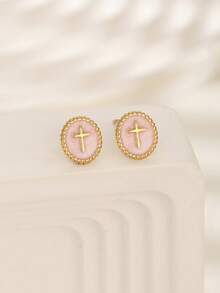 1 Pair Popular Multi-Color Stainless Steel Chain Cross Stud Earrings For Girls Kids Friends Party Glamorous Christian Ascension Day Jewelry Gift For Everyday Wear - Multicolor - View 8