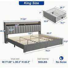 Queen/King Bed Frame With 2-Tier Storage Headboard & 2 Storage Drawers, Upholstered Platform Bed Frame , Sturdy Wooden Slats Support, Noise-Free, No Box Spring Neededcama Queen, Dark Grey - Xám - Xem 6